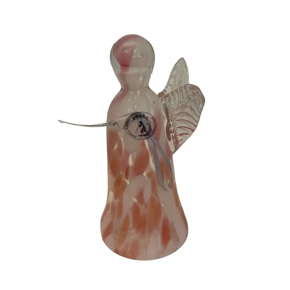 Hand Blown Poland Art Glass CHRISTMAS ANGEL 7in Pastel Pink & White Marbled New